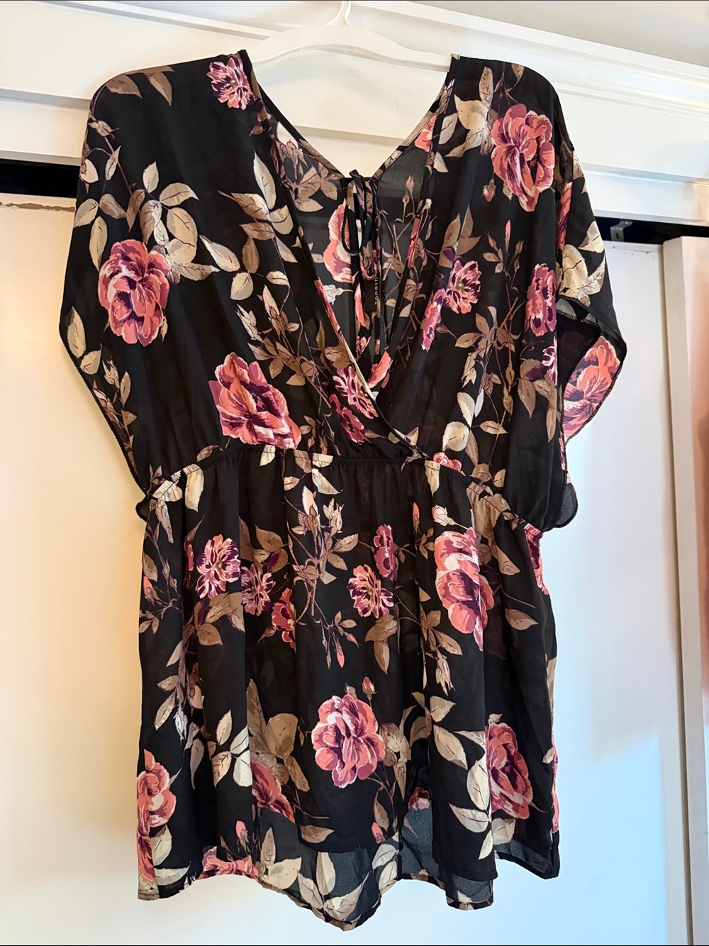torrid Black Floral Wrap Blouse with Pink Rose Print